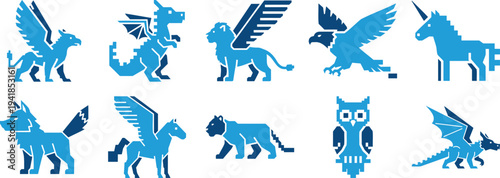 Mythical creature silhouette icon set with dragon griffin unicorn owl and fantasy animal