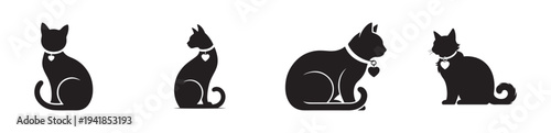 Four black cat silhouettes wearing heart shaped collar tags shown in various sitting poses