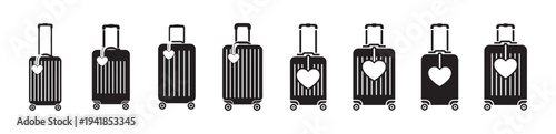 Luggage travel icons set with heart shape on bag. Suitcase tourism baggage vector illustration