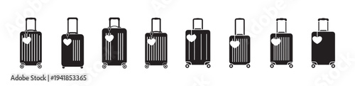 Luggage bag travel icons set black silhouette. Suitcase on wheels tourism baggage vector illustration