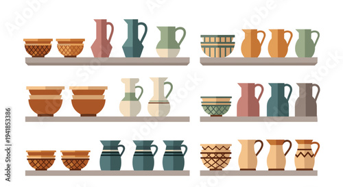 Four horizontal shelves are neatly arranged, each displaying a diverse collection of ceramic bowls, pitchers, and pots in various muted colors and patterns against a clean white background.