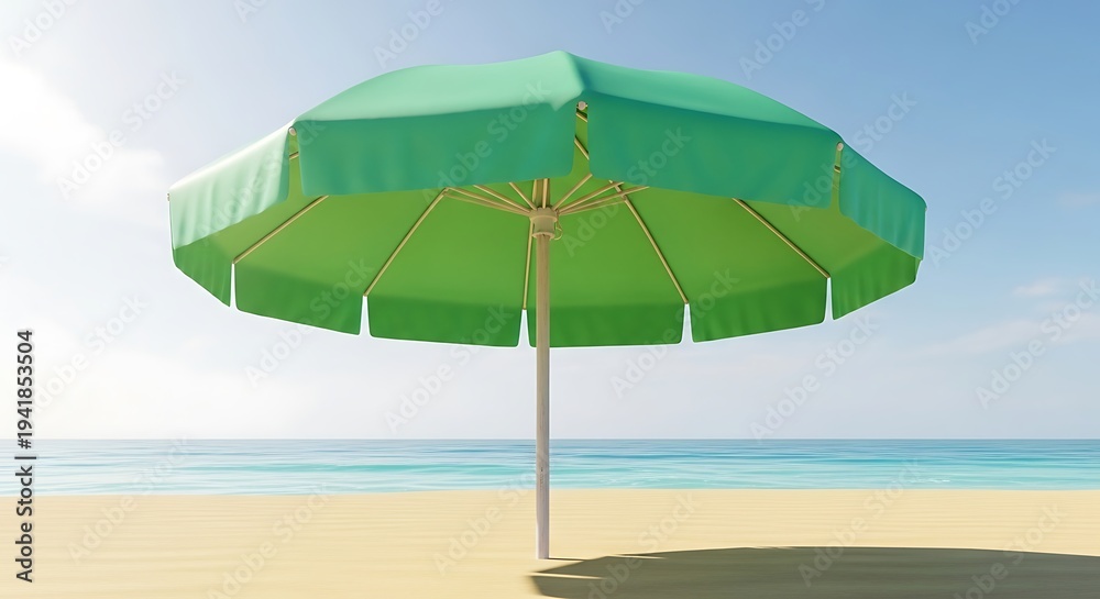 Fototapeta premium Green Beach Umbrella on Sandy Shore.