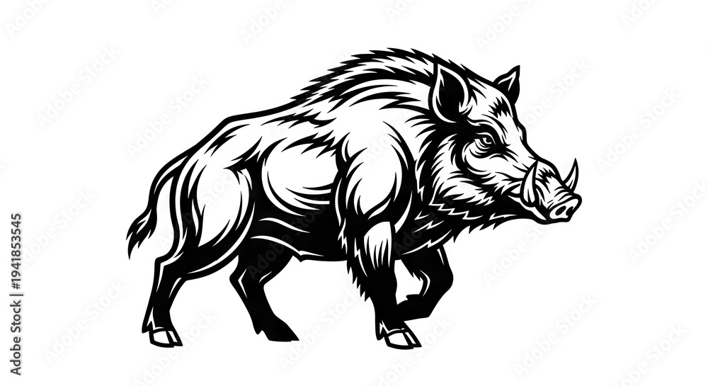 Fototapeta premium Stylized black and white illustration of a wild boar walking forward