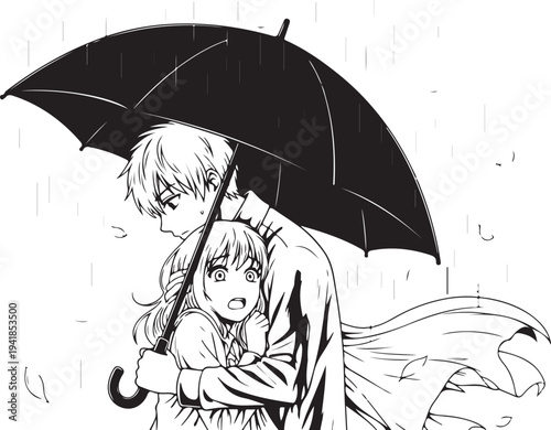 Vector illustration of a man protecting a woman under a black umbrella in the rain