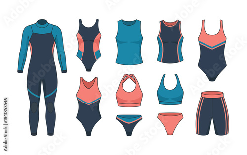 Women sports swimsuit vector set, colorful contour outline wetsuits for swimming pool cycling competition and gymnastics training apparel design.