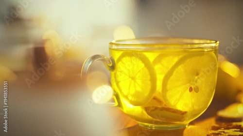 Freshly sliced lemons swirl in a transparent cup, accompanied by a squeeze of raw juice, infused with fiber, setting the stage for a refreshing citrus morning drink amidst a simple background