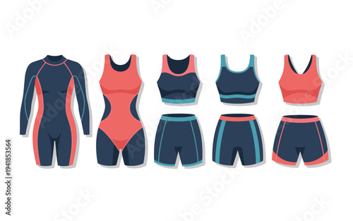 Women sports swimsuit vector set, collection of colorful outline wetsuits designed for swimming cycling gymnastics and athletic performance sportswear graphics.