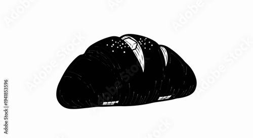 Stylized black croissant with white highlights, isolated on white
