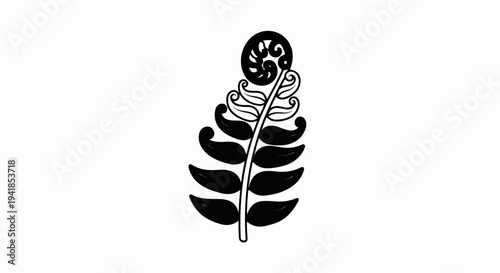 Stylized black fern frond with unfurling spiral top on white background