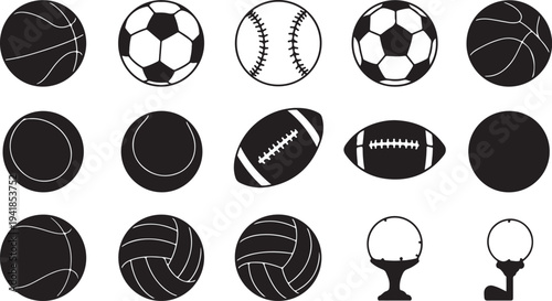 Collection of various sports balls icons in black and white