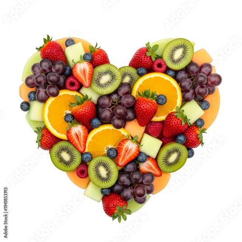 A vibrant fruit arrangement shaped like a heart with assorted berries and citrus slices