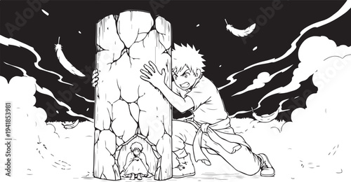 Vector illustration of a man pushing a giant boulder