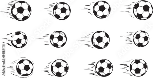 Multiple soccer balls in motion on white background