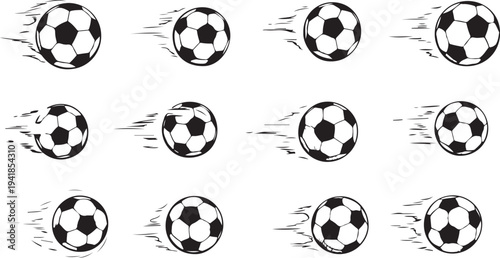 Motion blur soccer balls in various directions on white background