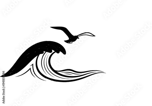 Stylized black ink wave crashes as a bird with outstretched wings soars above