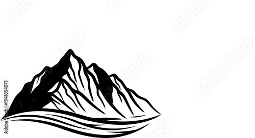 Stylized black mountains rise above a wave-like base