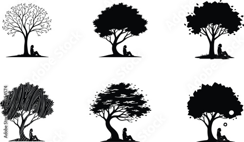 Silhouette set of person sitting under trees isolated on white background symbolizing solitude, thinking, and peaceful nature scenes