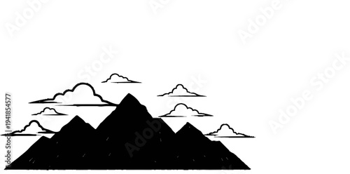 Stylized black mountains under a sky with scattered clouds