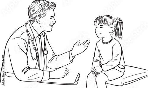 Pediatric Doctor Consulting Little Girl Child Healthcare Line Art Illustration