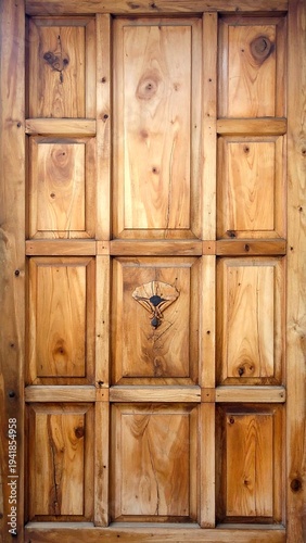 Rustic wood door with panels, knots, and a unique center detail