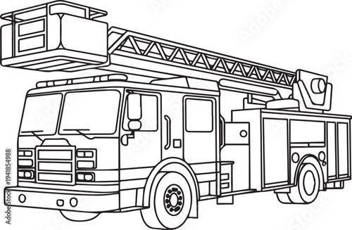 Fire Truck with Ladder Emergency Firefighting Vehicle Line Art Illustration