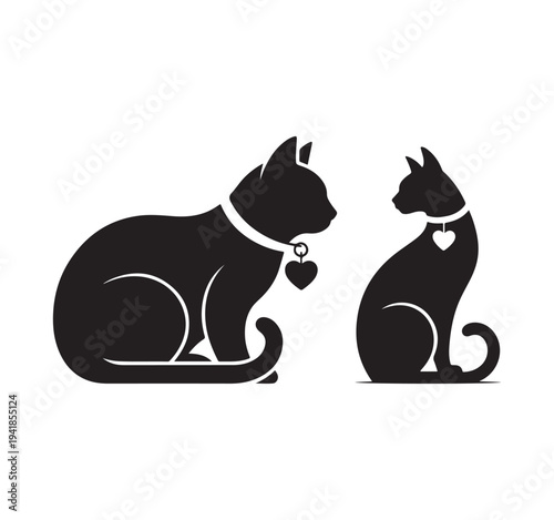 Two sitting cat silhouettes wearing collar with heart shaped pendant vector logo template design