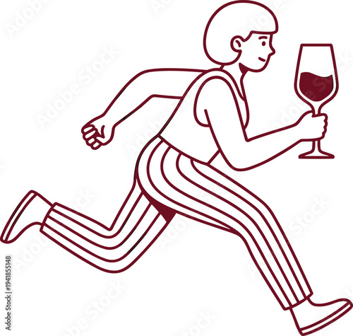 Continuous line art woman running with wine glass, humorous lifestyle illustration, minimalist single line vector design for fun party concept