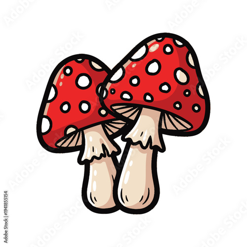 Pair of Cartoon Fly Agaric Mushrooms, Red and White Amanita Muscaria Illustration