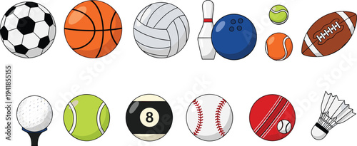 Collection of sports balls and equipment vector icons set including soccer, basketball, volleyball, tennis, baseball, bowling, golf, billiards, badminton isolated illustration pack