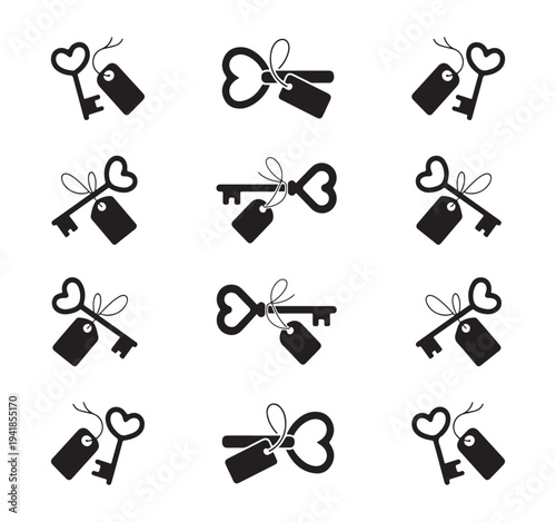 Heart shape key and tag icon collection love souvenir romantic gift item vector silhouettes
