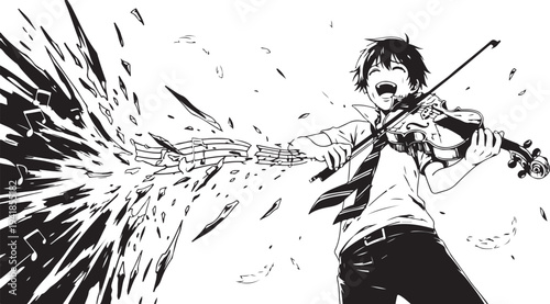 Vector illustration of a young man playing a violin with dynamic motion lines