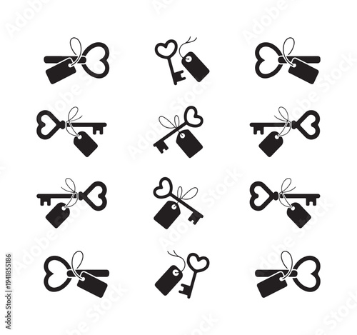 Various heart key and blank tag icon set love souvenir romantic item vector silhouettes collection