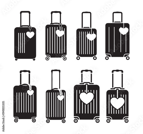 Suitcase luggage icon set with heart tags and wheels on white background for travel design concept