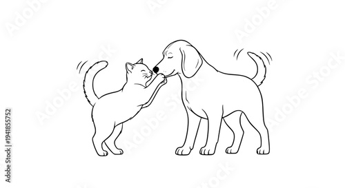 playful cat and dog playing together, black and white vector illustration, simple line art, friendly pets interaction, clean vector lines, isolated background, modern stock illustration