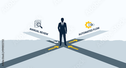 Vector illustration of businessperson at crossroads with manual review and automated flow signs