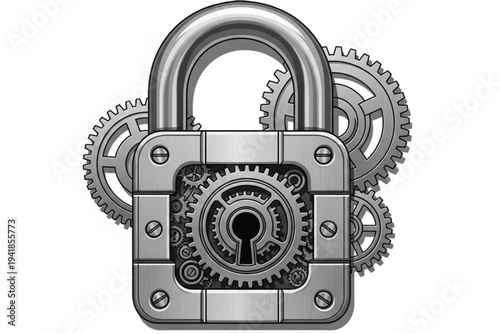 Secure data protection concept with padlock and gears