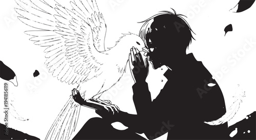 Black silhouette of a man with a white bird vector illustration