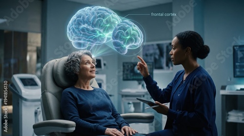 Medical hologram displaying anatomy of frontal cortex in modern clinic environment
