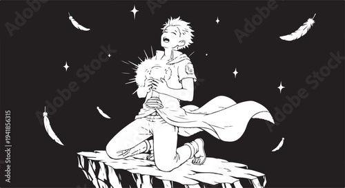 Vector illustration of a man holding a glowing creature on a cliff at night