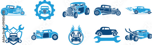 Hot rod vintage car icon set with classic automobile racing vehicle mechanic symbol
