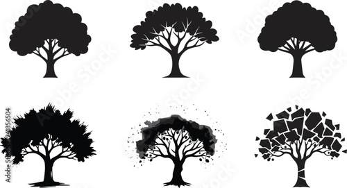 Six black tree silhouettes in diverse artistic styles isolated on white background, modern nature illustration set for design use

Keywords (45 total, one line):