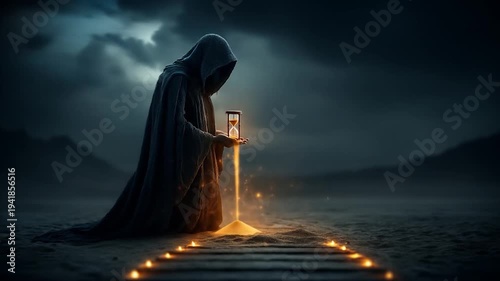 Mysterious figure holding hourglass on illuminated pathway in dark landscape