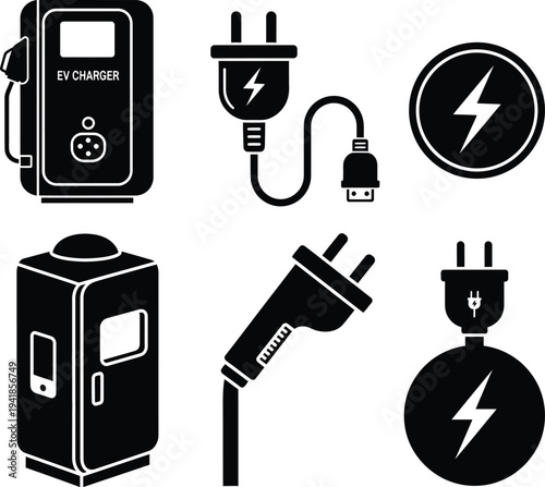Set of black and white icons depicting electric vehicle charging stations and plugs for modern transportation