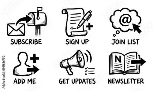 Set of six hand-drawn sketch icons representing email marketing calls to action like subscribe, sign up, join list, get updates, and newsletter for online engagement