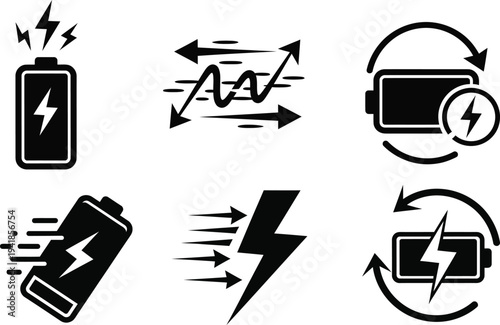 Collection of vector icons representing battery charging, rapid power transfer, energy flow, and sustainable battery life cycles for modern power solutions