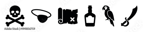 Set of black pirate themed icons featuring a skull and crossbones, eyepatch, treasure map, rum bottle, parrot, and cutlass sword in a minimalist graphic style