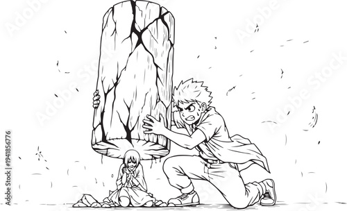 Vector illustration of man pushing large stone