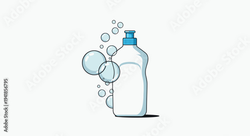 A white ergonomic dish soap bottle with a blue flip-top cap is surrounded by several large, transparent bubbles and casts a subtle shadow on a white background.