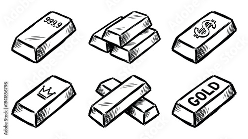Black and white gold bar doodle collection with six hand-drawn sketch style illustrations of ingots, featuring various symbols like a dollar sign, crown, and purity mark