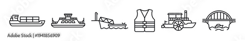 Set of black line art icons representing water transport, shipping, and maritime safety, including a cargo ship, ferry, life vest, paddle steamer, and a bridge over a river